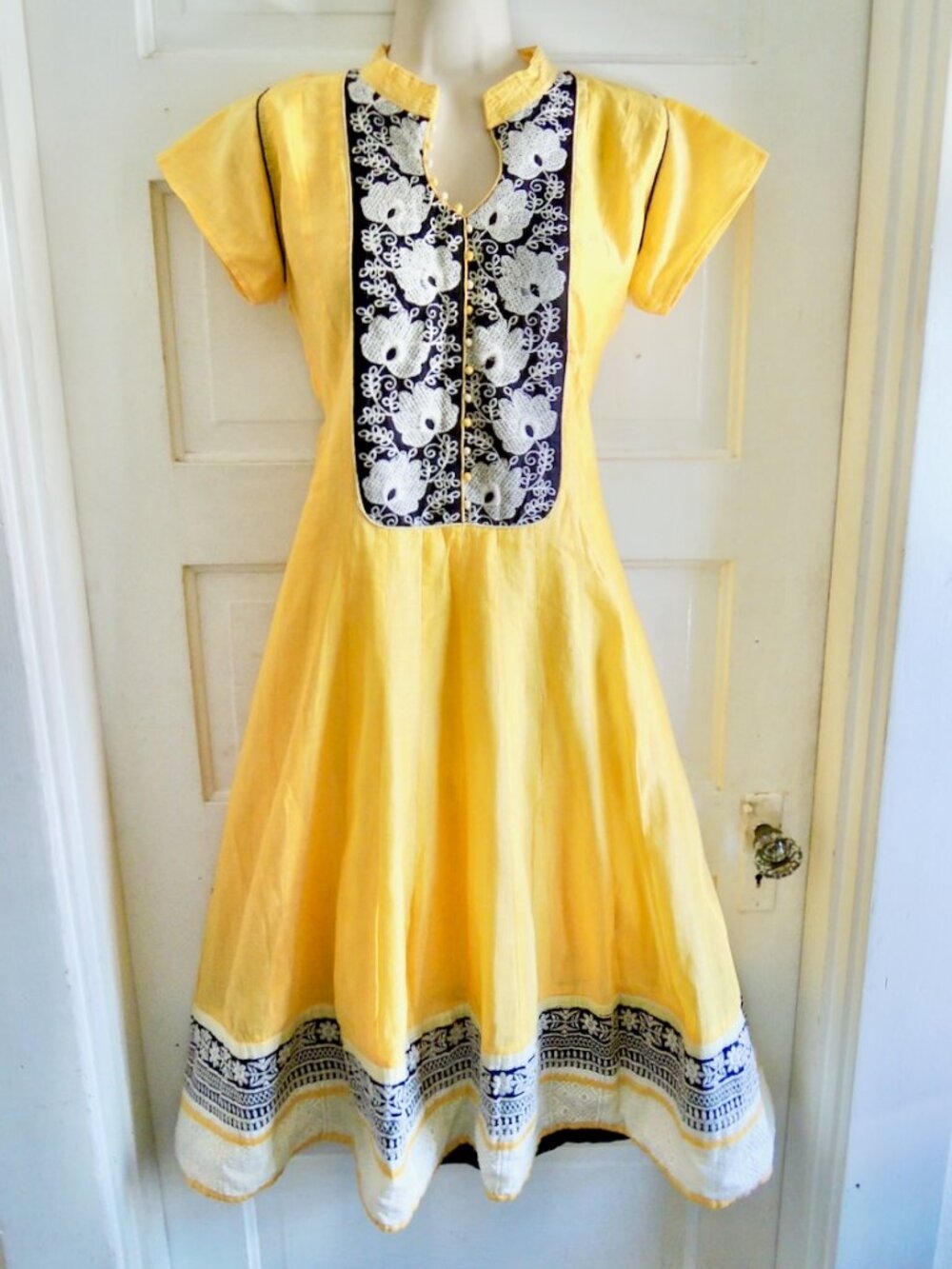 Yellow & Black Gauzy Boho Festive Embroidered Dress L/M
